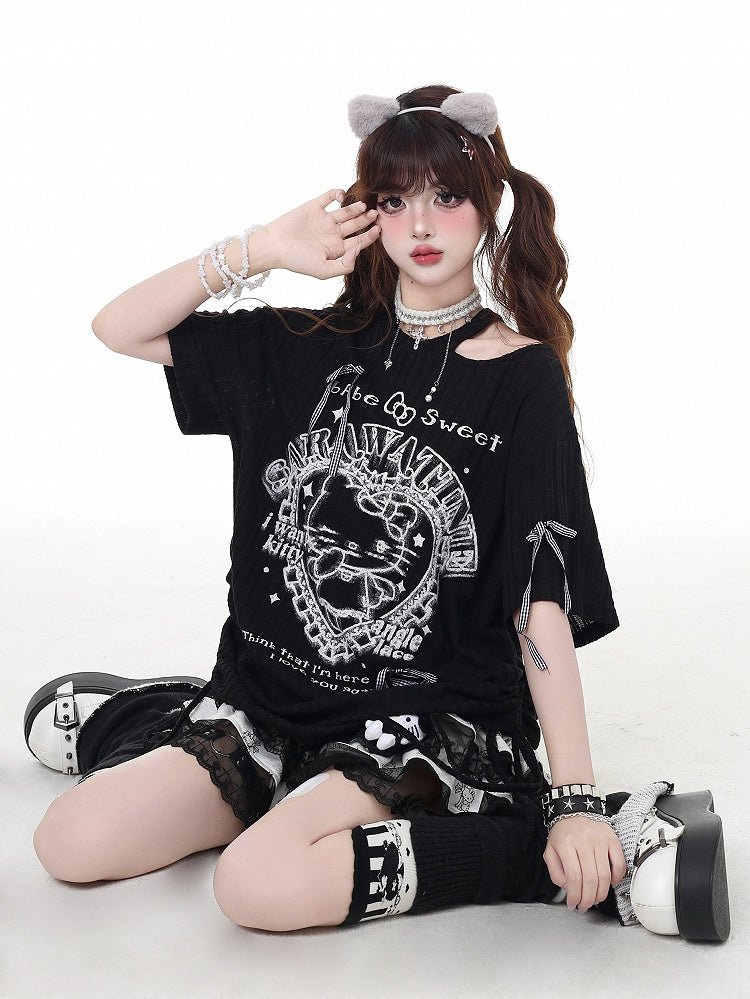 Cutout Y2K Black/White Round Waist Neck Detail T-Shirt Kitty Print Drawstring