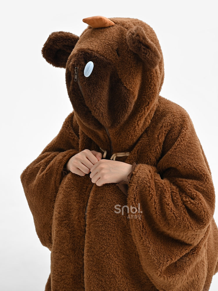 Brown Cute Capybara Hood Zip Closure Fleece Hooded Cape
