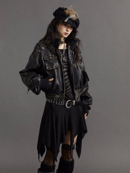 Cross Applique Black Punk Jacket with Lace-up Detailat Sleeve