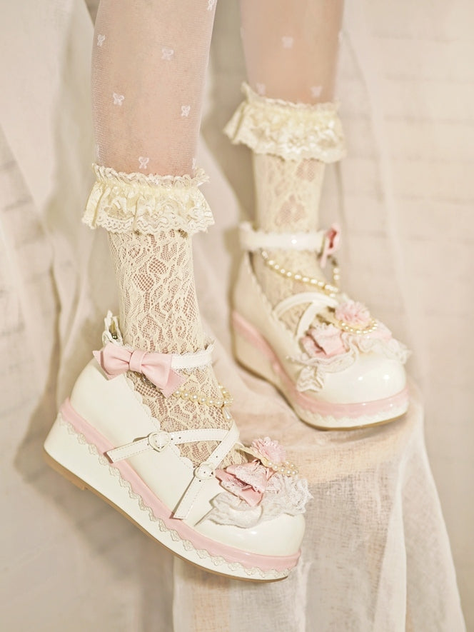 at Design Bow Trim White Chain Heart Platforms Beaded Buckle With Floral Top Detachable Lace