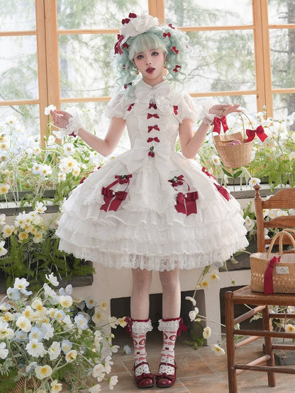 White Strawberry Princess Layered Ruffle Dress Sweet Lolita Jumper Skirt with Detachable Puff Sleeves