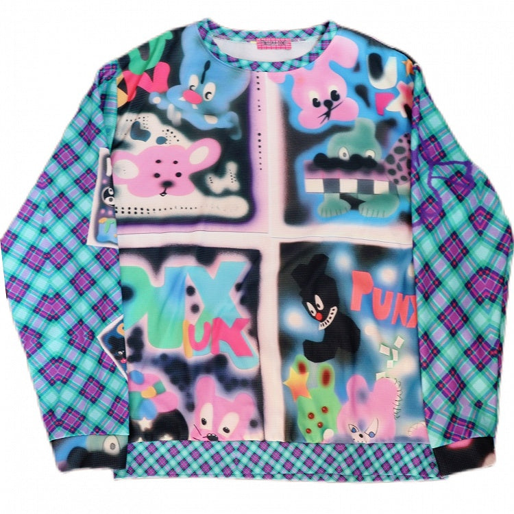 Cartoon Fashion Print Blue/Red Gyaru Plaid Pattern Sweatshirt