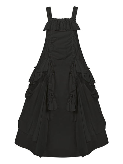 Dress Loose Design Black Ruffles Drawstring Goth Cascading