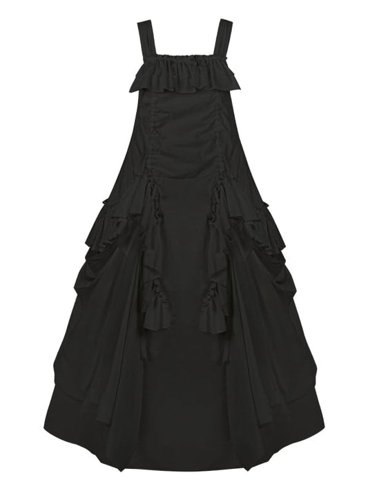 Dress Loose Design Black Ruffles Drawstring Goth Cascading
