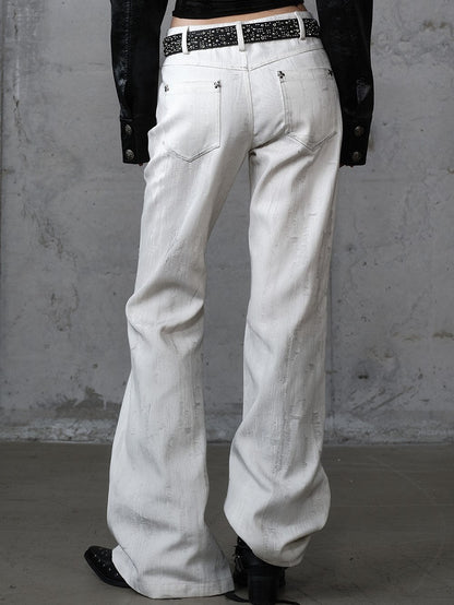 with Chain Studs Print Punk Cross Pants Button-Up Wide-Leg Fly White