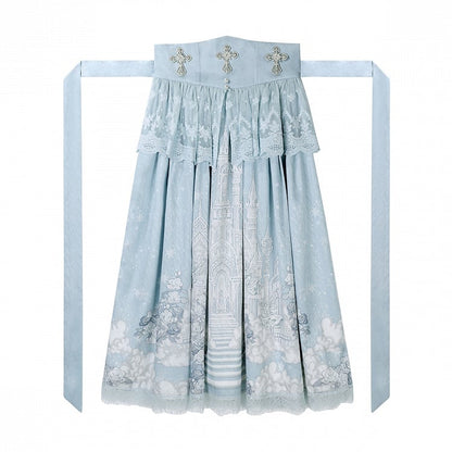 White Skirt High Cape Waist Top Cami + Tulle Print Castle Blue
