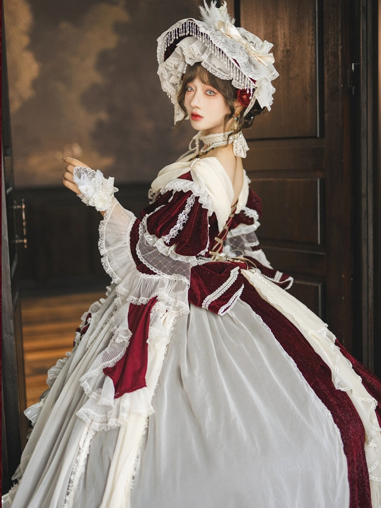 Rüschen High-Low Lolita Rot Schimmerndes Samtkleid Kaskadierendes Hanayome und Weiß