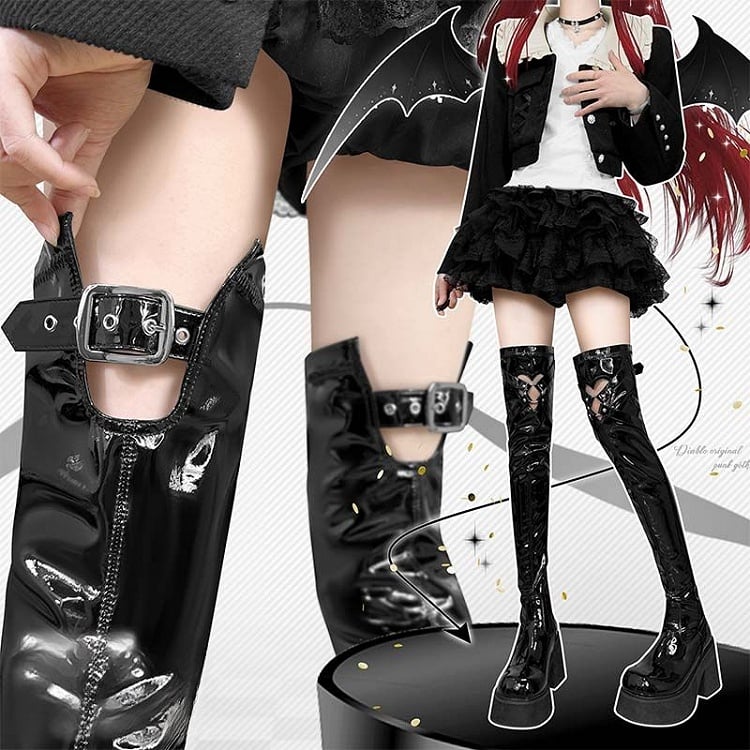 Polished Black Heart-shaped Cutout Detail Gothic Thigh-high Boots