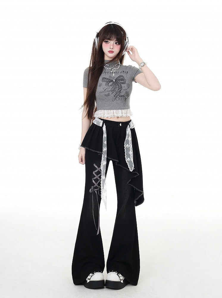 Waist Lace Belt Flared Pants Black Asymmetrical Hem Lace-up Faux Two-Piece Detail with