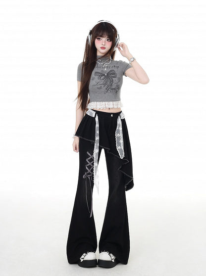 Waist Lace Belt Flared Pants Black Asymmetrical Hem Lace-up Faux Two-Piece Detail with