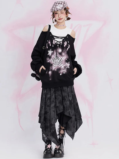 Black Star Fake Two-piece Cutout Shoulder Sweatshirt
