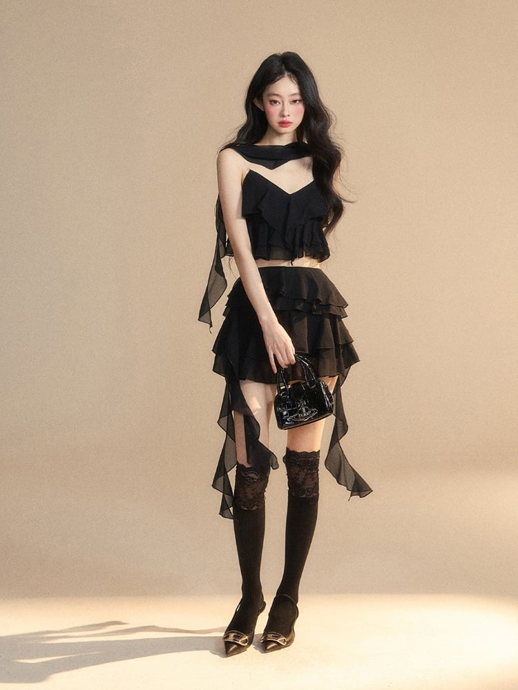 Tiered Skirt Asymmetrical Ruffled Hem Slim-fitting Mini Black Chiffon