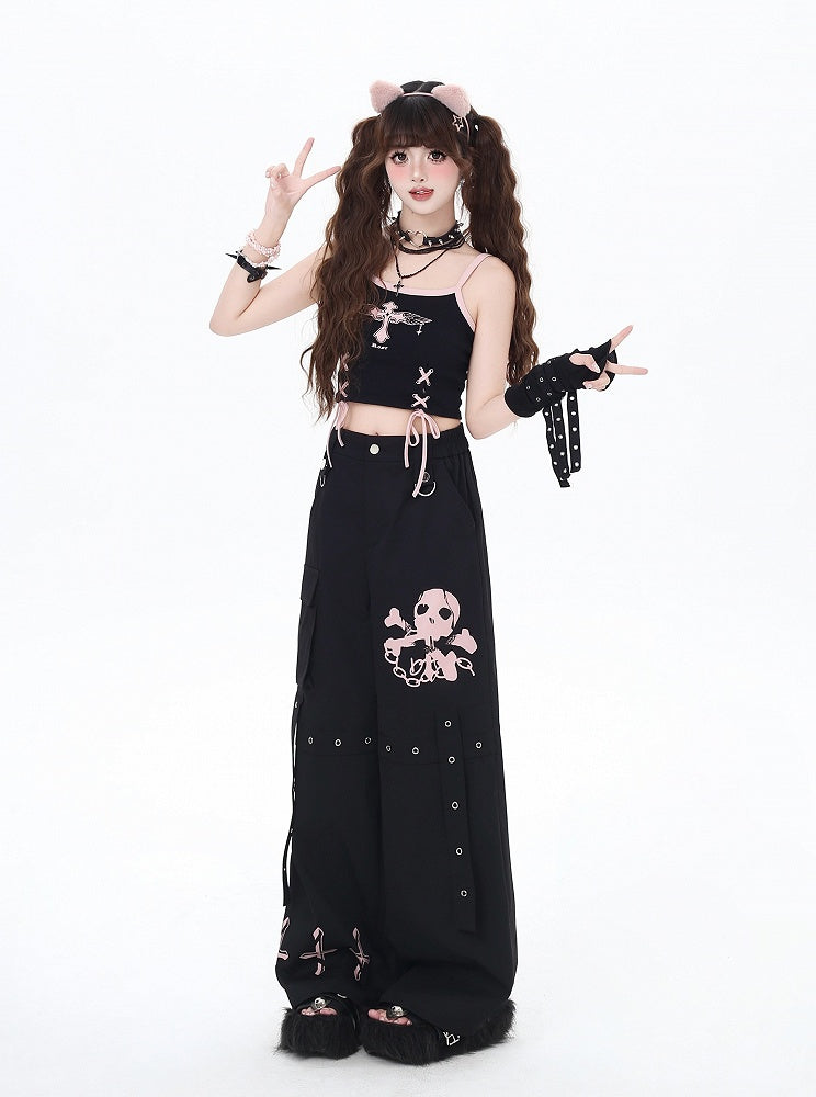 Cargo Skeleton Pockets and Cross Print Black/Grey/Pink Wide-Leg Pants