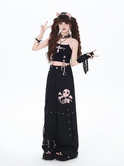 Cargo Skeleton Pockets and Cross Print Black/Grey/Pink Wide-Leg Pants