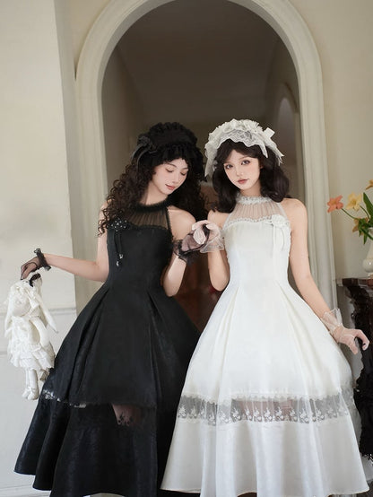 Lace Jacquard Illusion All Rosette Halter Neck White Prom Dress Panels Fabric