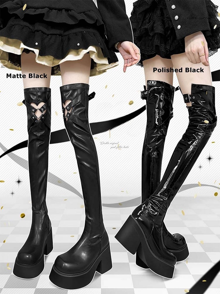Matte Black Heart-shaped Cutout Detail Gothic Thigh-high Boots