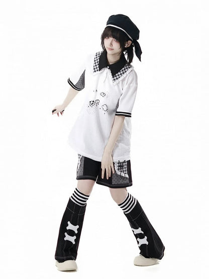 Black Plaid Patchwork Lace Trim Wide-leg Shorts White and