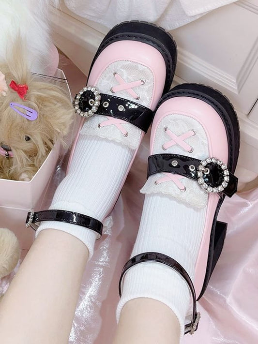 Kei Style Heels Shoes Black Jirai and Pink Landmine Chunky Platform
