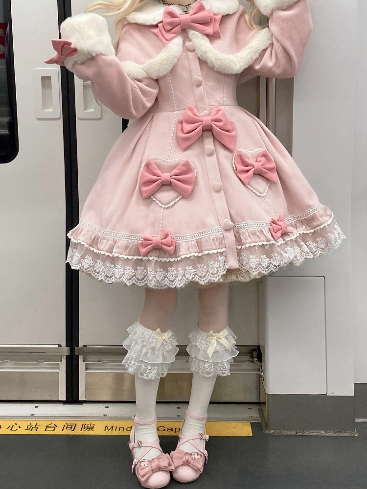 Light Pink Bow Accents Cape Lolita Coat with Lace Trim