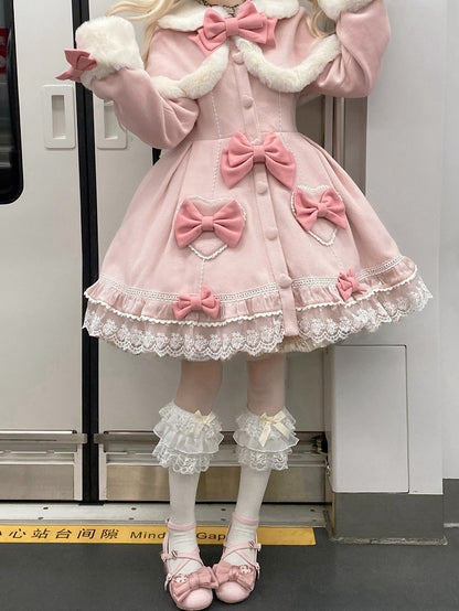 Light Pink Bow Accents Cape Lolita Coat with Lace Trim