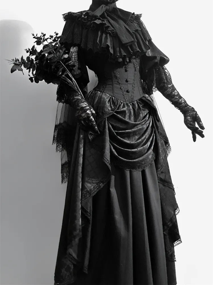 Schwarzer Korsett-Taillenrock mit Knochen und hoher Taille, Aristokratischer Gothic-Lolita-Rock