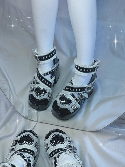 Jirai Buckle with Rhinestone Block Toe and Lace High Heel Embellished Black Straps Shoes: Round Cross Platform Kei