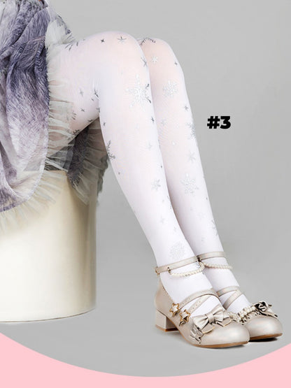 White/Black Snowflake Print Lolita Tights
