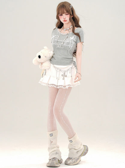 Grey Letters Print Drawstring Waist T-shirt