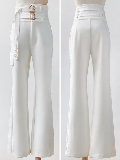 Pantalon Lolita taille haute blanc Ouji Fashion avec deux ceintures
