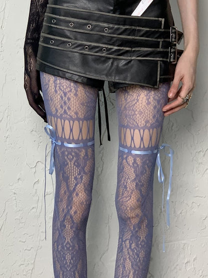 Cut-out Self-tie Coffee/Gray/Black/White/Purple/Blue Y2K Floral Pattern Design Tights Straps