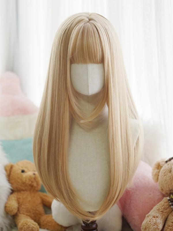 Black/White/Light Blonde/Blonde/Caramel/Grey Long Straight Wig With Full Bangs