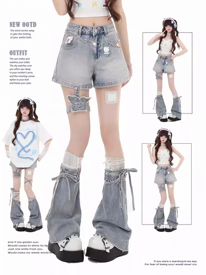Light Butterfly Flared Leg Warmers Blue Denim Shorts with Detachable and Garter Y2K