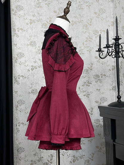 Wine Red Jirai Kei Set Contrast Lace Patches Velvet Landmine Style Dress + Bow Tie + Ruffle Cuffs Shorts