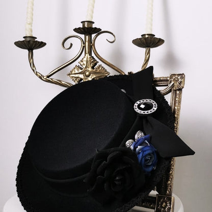 Lolita Ouji Hat Black and Flat Blue Roses
