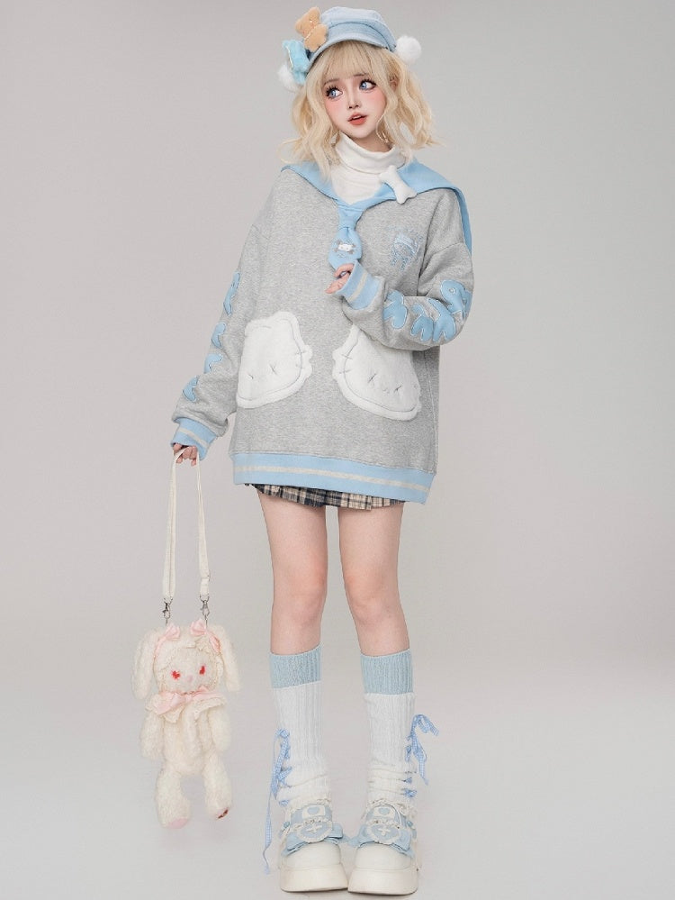 Blue/Black Kitty Embroidery Sailor Collar Sweatshirt