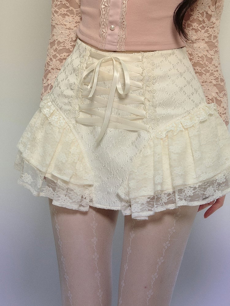 Apricot/Black Lace-up Detail Balletcore Lace Skirt