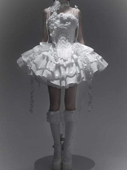 Robe gothique Lolita à col en V et manches papillons, motif ange et roses blanches