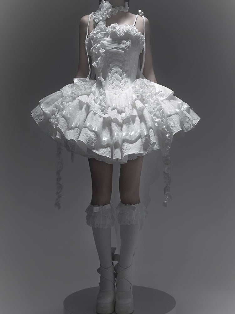 Neckline Angel Shiro Goth All White Boning Lolita Roses Fabric Dress Butterfly