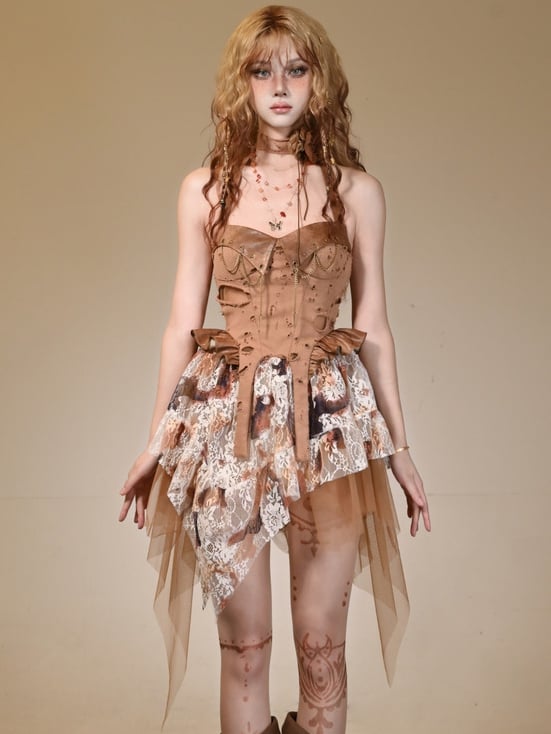 Holes Distressed Studs Chain Design Halter Dress Decorated Brown Wasteland Punk