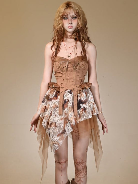 Holes Distressed Studs Chain Design Halter Dress Decorated Brown Wasteland Punk