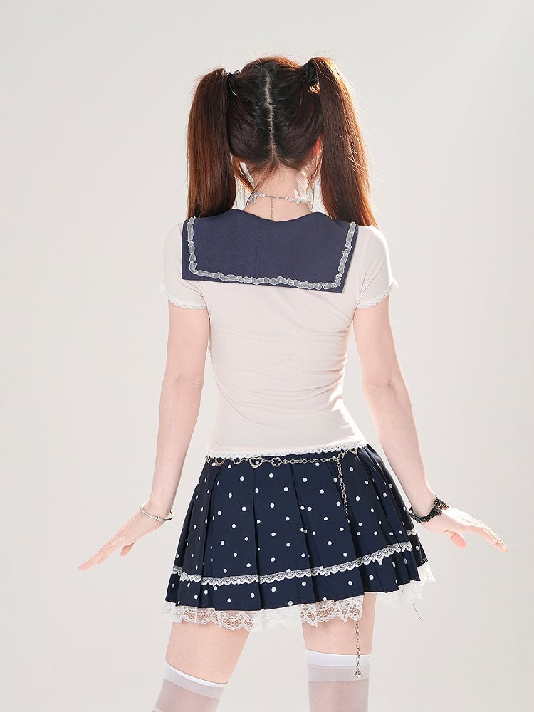 + T-Shirt-Set Plissee Matrosenmuster Polka Dot Abnehmbarer blauer Rock Marine Aprikose Eng anliegender Kragen
