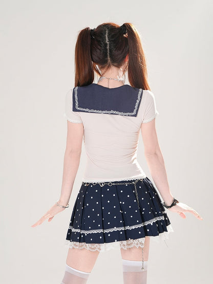 + T-Shirt-Set Plissee Matrosenmuster Polka Dot Abnehmbarer blauer Rock Marine Aprikose Eng anliegender Kragen