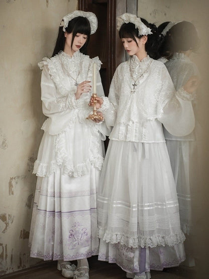 Long Skirt Floral Sleeves Purple + Lolita Print Han Horse-face and Light Blouse White Set Full Snake