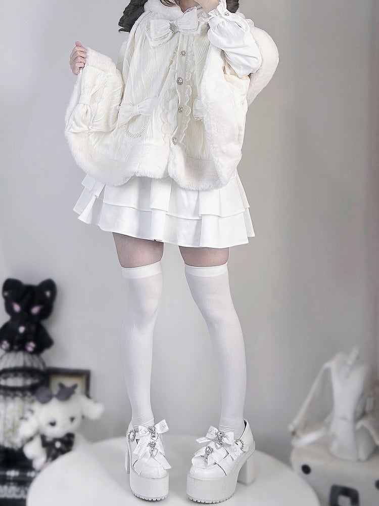 Hood Plush Cape Design Jirai Kei Beige Bunny Ears Bowknots Detachable