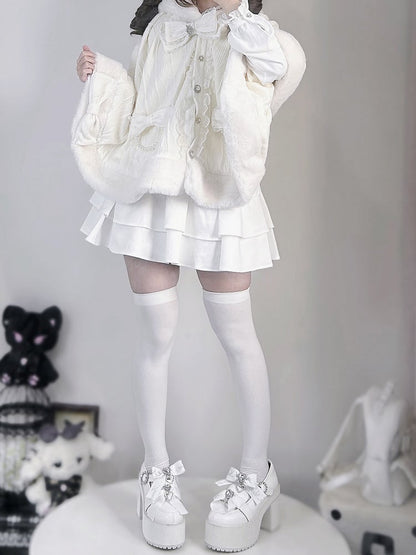 Hood Plush Cape Design Jirai Kei Beige Bunny Ears Bowknots Detachable