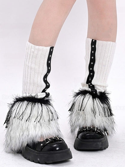 Black White Gothic Knit Leg Warmers with Plush Cuffs