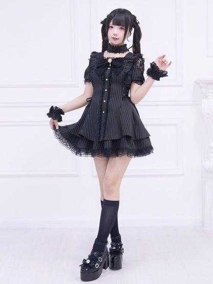 Full Kei Black Lace-up Matching Jirai Shoulder and Set: Cutout Skirt with Dress Striped Style Side Adjustable