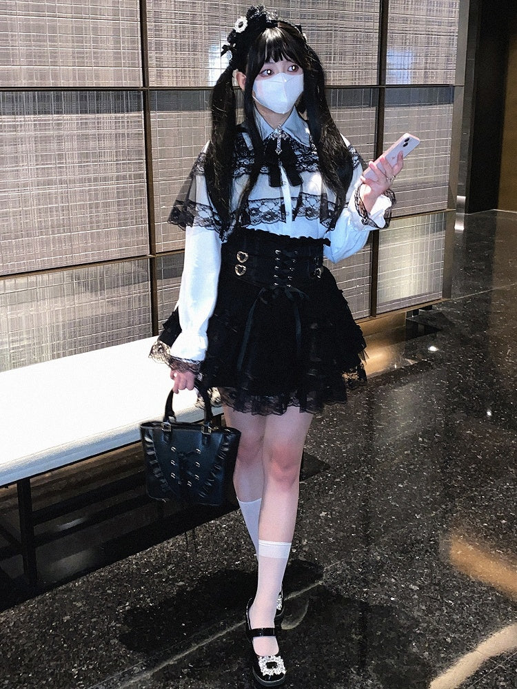 Jirai Kei White&Black/All Black Lace Cape Design Landmine Style Blouse