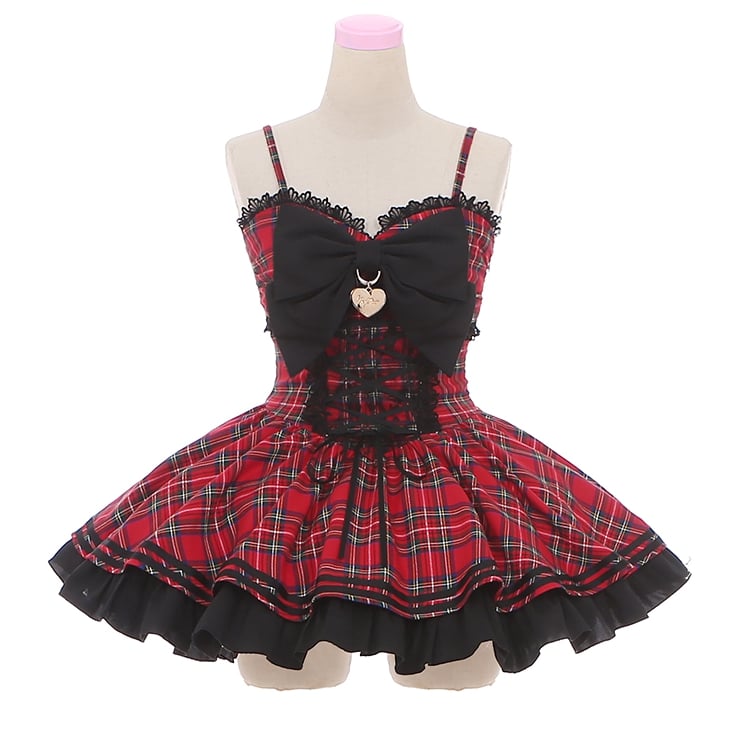 Red Plaid Pattern Bow Accent Sweetheart Neckline Jumper Skirt Idol Dress