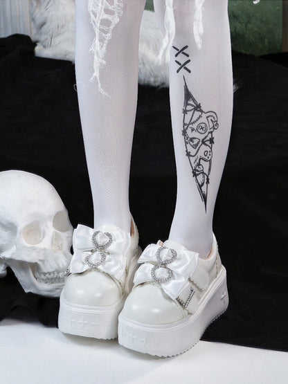 Details PU Kei White Rhinestone Shoes Version Platform Bow Heart Decor Slip-in Fit Jirai Design Regular/Thicken in